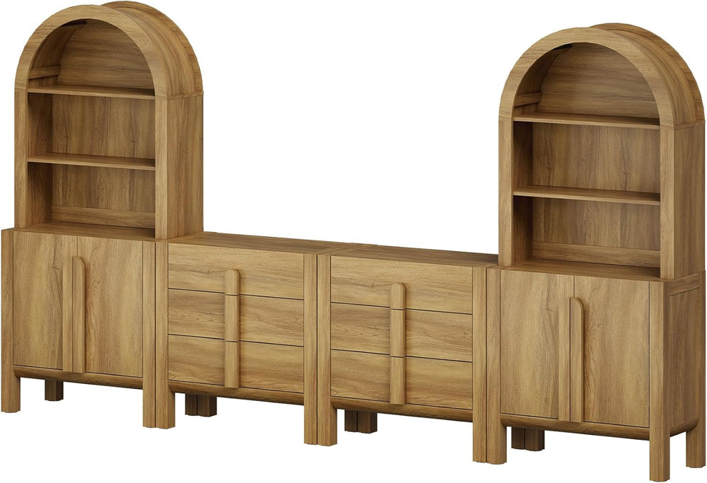 WAMPAT 6 in 1 71" Arched Bookcase with Doors, Walnut