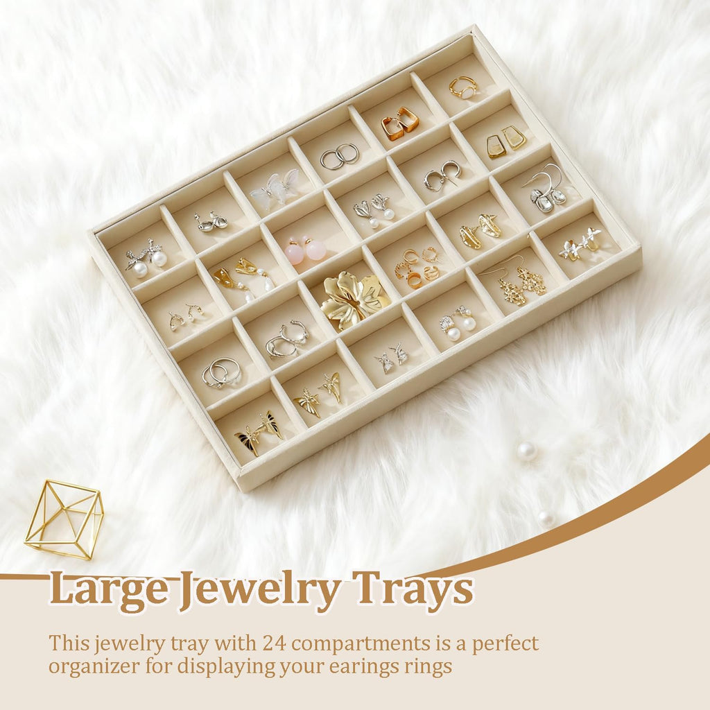 Large Jewelry Organizer for Drawer Insert Velvet Stackable Jewelry Trays for Earring Necklace Bracelet Ring Display (Beige, 24 Grids)