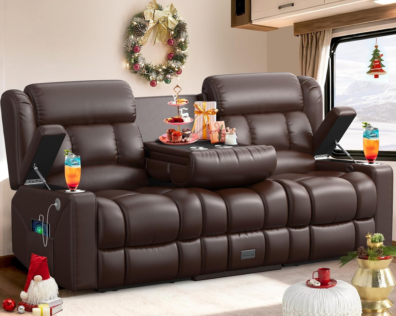 RV Loveseat Recliner Sofa, 3 Seater Reclining Sofa with Flip Back Console, Modern Reclining Couch with USB Ports, Cup Holders, Insert Pockets, RV Recliners for Travel Trailers & Living Room