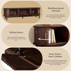 Mid Century Modern TV Stand for TVs up to 75”, Fluted Entertainment Center, Media Console with Tambour Sliding Doors and Grill Flip-Down Door, Walnut Finish Media Console for Living Room