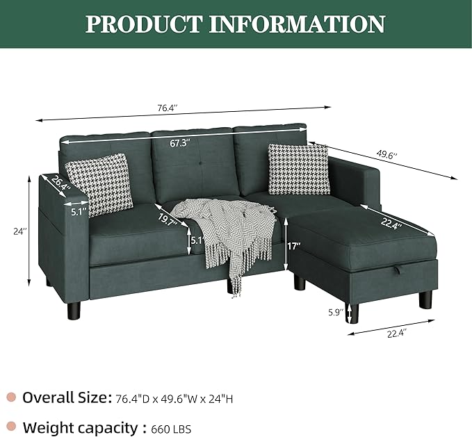 Vongrasig Convertible Sectional Sofa Couch, 3 Seat L Shaped Sofa with Removable Pillows Linen Fabric Small Couch Mid Century for Living Room, Apartment and Office (Black)