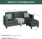 Vongrasig Convertible Sectional Sofa Couch, 3 Seat L Shaped Sofa with Removable Pillows Linen Fabric Small Couch Mid Century for Living Room, Apartment and Office (Black)
