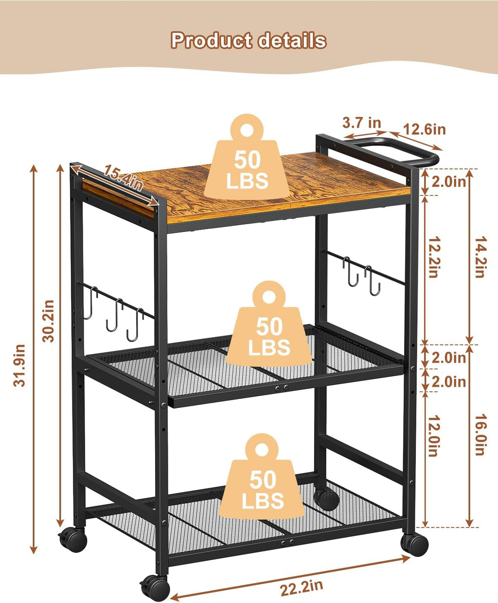 Feyejade 3-Tier Rolling Kitchen Cart with Storage, Compact Metal Island | Compact size for pantry storage, adjustable shelf utility cart, pull out drawer, microwave stand table top open shelving
