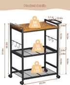 Feyejade 3-Tier Rolling Kitchen Cart with Storage, Compact Metal Island | Compact size for pantry storage, adjustable shelf utility cart, pull out drawer, microwave stand table top open shelving