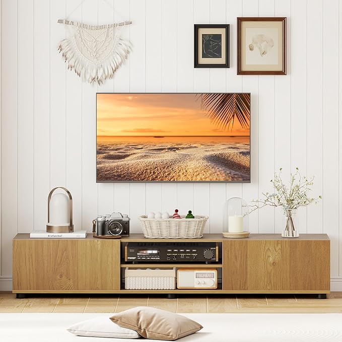Tangkula Modern TV Stand for up to 70” TVs, 63”L Minimalist Entertainment Center w/ 2 Doors & Open Shelves, Media Console Table Storage Cabinet with 6 Support Feet for Living Room (Natural, 63”L)