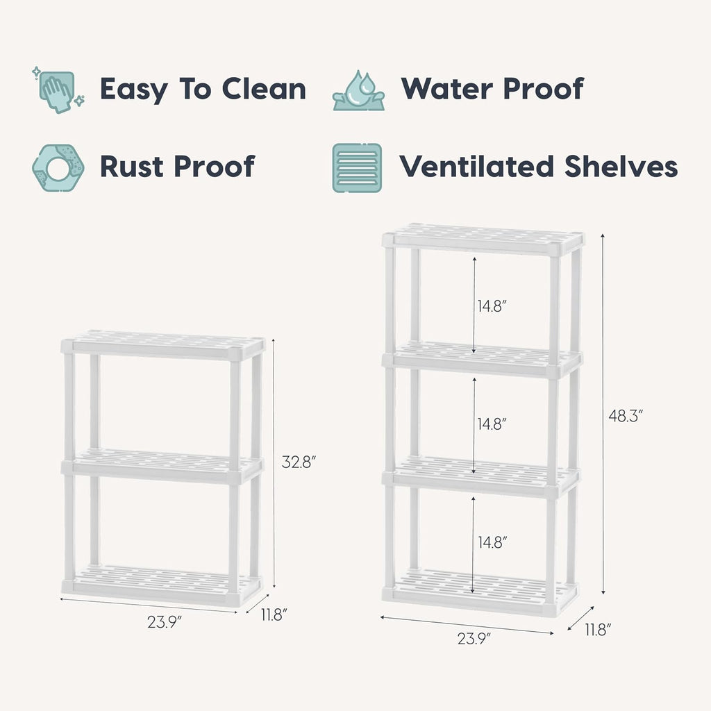 IRIS USA Plastic Storage Shelves |Made in USA| 48"H x 24"W x 12"D - White | Light Duty Rack Organizer, 200lb Total Capacity, 50lb Per Shelf, Shelving Unit for Bathroom, Laundry, Home & Pantry