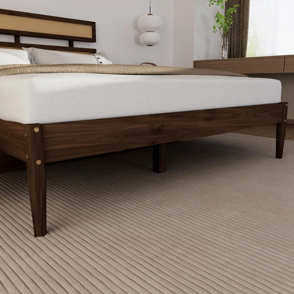 Karl home Bohemia Wood Bed Frame, Queen Size Platform Bed, Walnut Brown