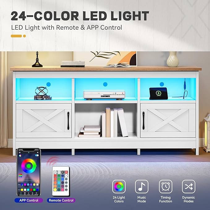 YITAHOME TV Stand for 65 Inch TVs, Entertainment Center with Storage Cabinets, Power Outlet & LED Light, Media Console Living Room Furniture, White