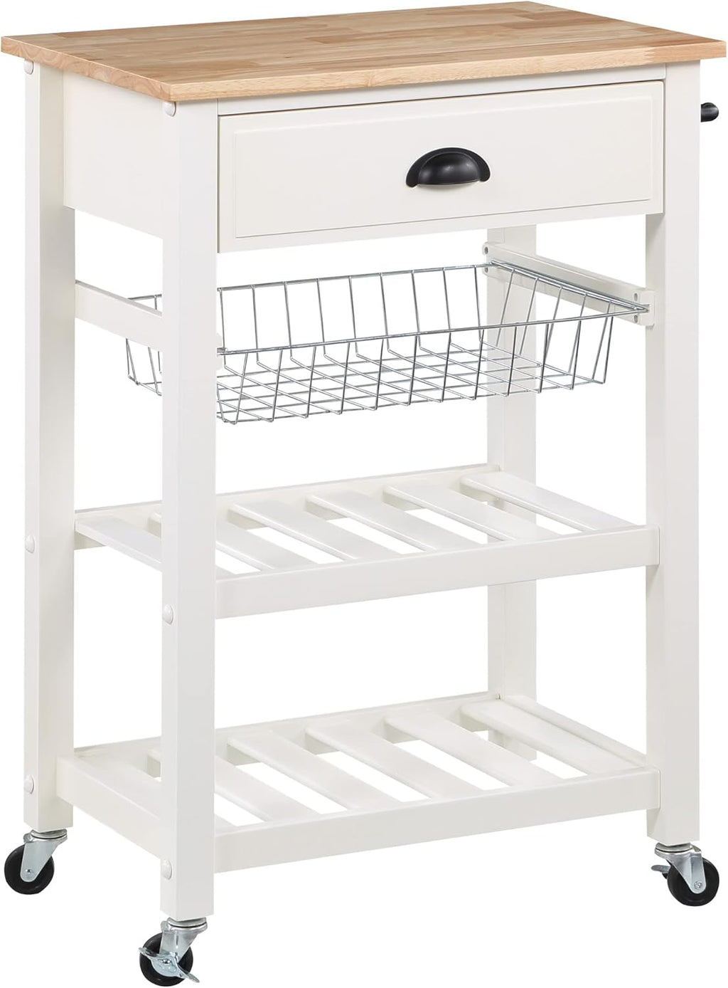 OSP Home Furnishings Hampton Kitchen Cart with Wood Top, Utensil Drawer, Under Cabinet Basket, and 2 Slatted Shelves, White Base