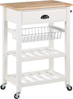 OSP Home Furnishings Hampton Kitchen Cart with Wood Top, Utensil Drawer, Under Cabinet Basket, and 2 Slatted Shelves, White Base