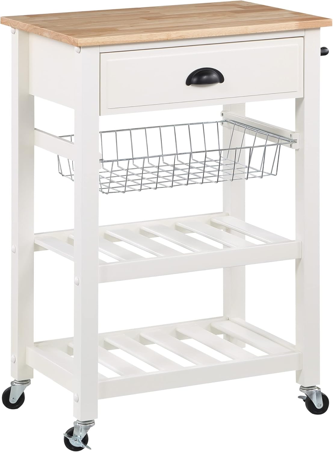 OSP Home Furnishings Hampton Kitchen Cart with Wood Top, Utensil Drawer, Under Cabinet Basket, and 2 Slatted Shelves, White Base