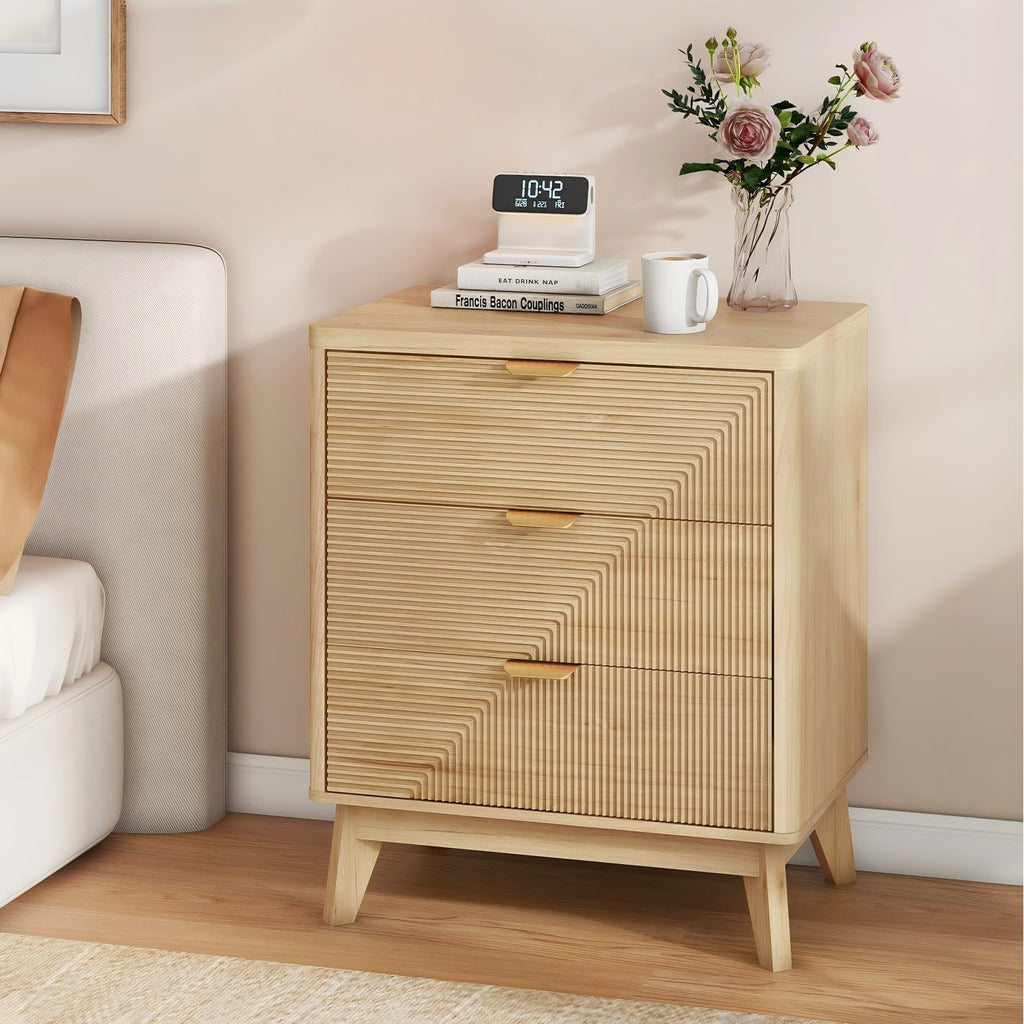 3 Drawer Fluted Nightstand for Bedroom, Modern Wood Night Stand with Curved Profile, Fluted Dresser & Wood Drawer Organizer for Bedroom and Hallway