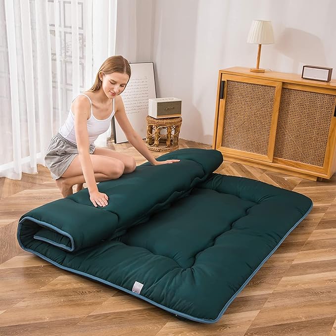 MAXYOYO Japanese Floor Mattress Futon Mattress, 4" Thicken Tatami Mat Sleeping Pad Foldable Roll Up Mat Boys Girls Dormitory Pad Kids Floor Lounger Pillow Bed, Charcoal Grey, Queen Size