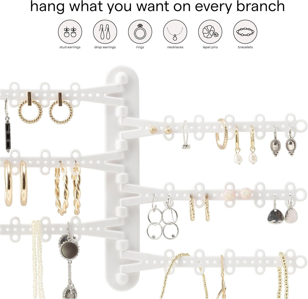 All Hung Up 6-Tier Wall Jewelry Organizer–Jewelry Holder for Necklaces, Earrings, Rings & Bracelets, Rotating Branches Wall Mounted Jewelry Organizer 120 Earring Holes, No-Drill Installation (White)