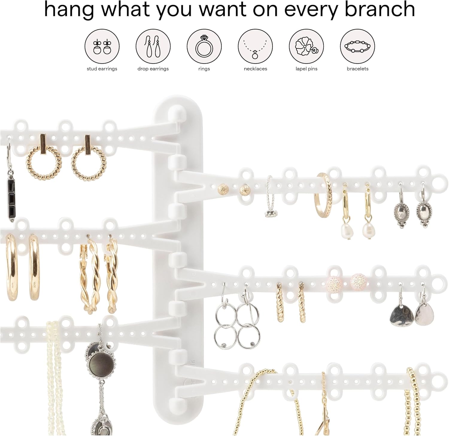 All Hung Up 6-Tier Wall Jewelry Organizer–Jewelry Holder for Necklaces, Earrings, Rings & Bracelets, Rotating Branches Wall Mounted Jewelry Organizer 120 Earring Holes, No-Drill Installation (White)