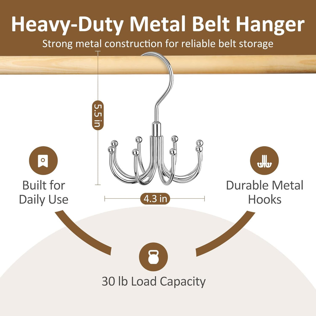 ZEDODIER Belt Organizer for Closet, Heavy-Duty Rotating Belt Hanger Tie Rack Holds up to 24 Belts, Hanging Space Saving Metal Belt Holder for Closet Storage