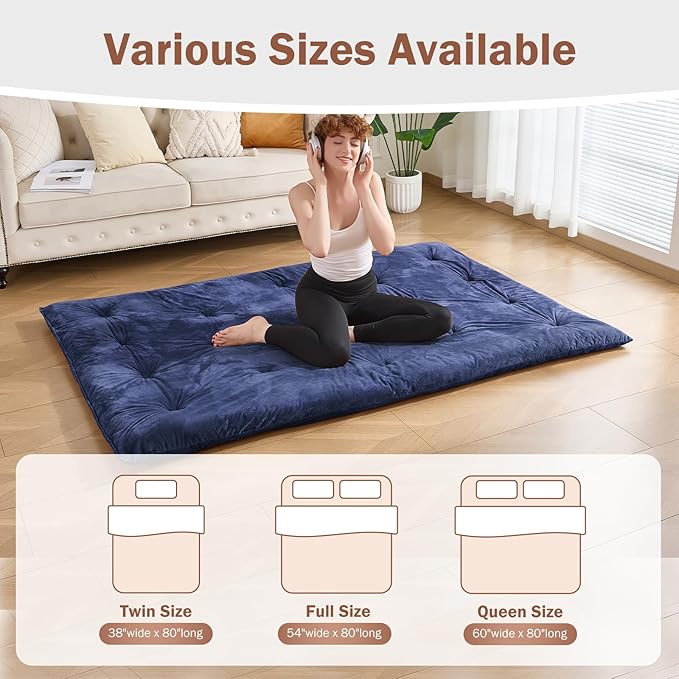 Japanese Floor Futon Mattress Full Size 54"x 80", 2.5'' Thick Foldable Roll Up Floor Bed Sleeping Pad, 25D Foam Filled Tatami Mat with Straps for Guest Room, Dormitory & Camping, Blue
