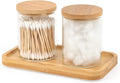 Bamboo Vanity Tray, Bathroom Tray Organizer Glass Qtip Holder Dispenser Apothecary Jars for Cotton Swabs Balls, Round Pad, Perfume Candles, Cosmetics and Jewelry Storage Organizer