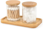 Bamboo Vanity Tray, Bathroom Tray Organizer Glass Qtip Holder Dispenser Apothecary Jars for Cotton Swabs Balls, Round Pad, Perfume Candles, Cosmetics and Jewelry Storage Organizer