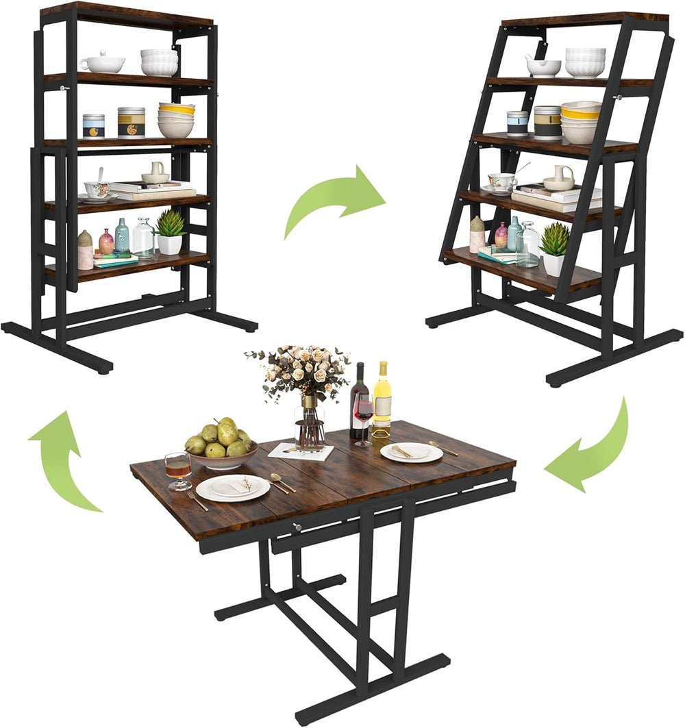 Convertible Dining Table, Multipurpose Mahogany Storage Shelf, 2 in 1 Bookshe...