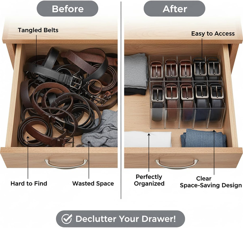 Belt Organizer,Acrylic Belt Organizer for Closet with Removable Dividers 5 Compartments & Handles Drawer organization and storage for Purse,underwear, Socks,and Ties (2pack)