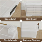 Saedy 4 Pack 40L Plastic Underbed Storage Container Box with Wheels, Clear