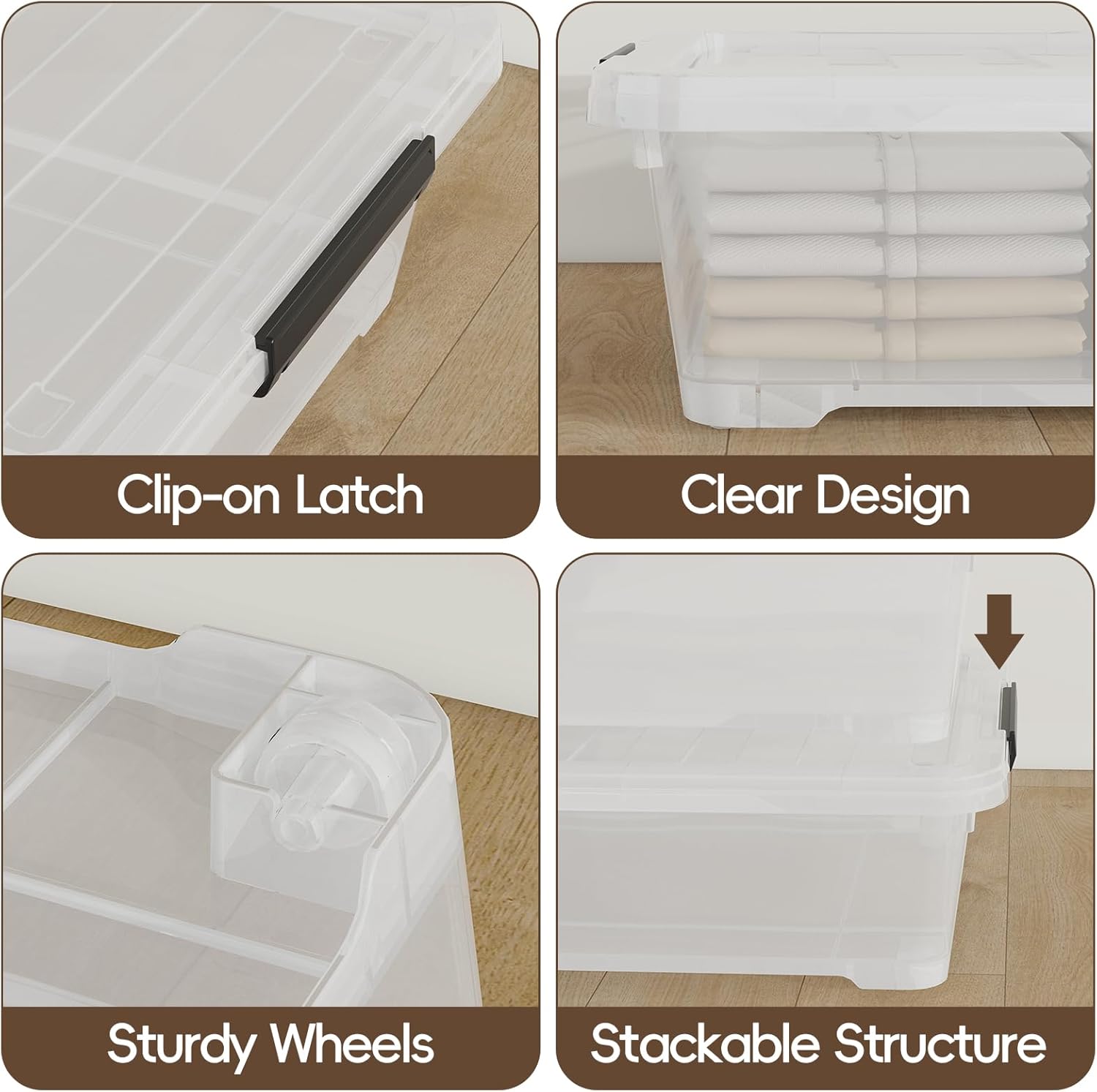 Saedy 4 Pack 40L Plastic Underbed Storage Container Box with Wheels, Clear