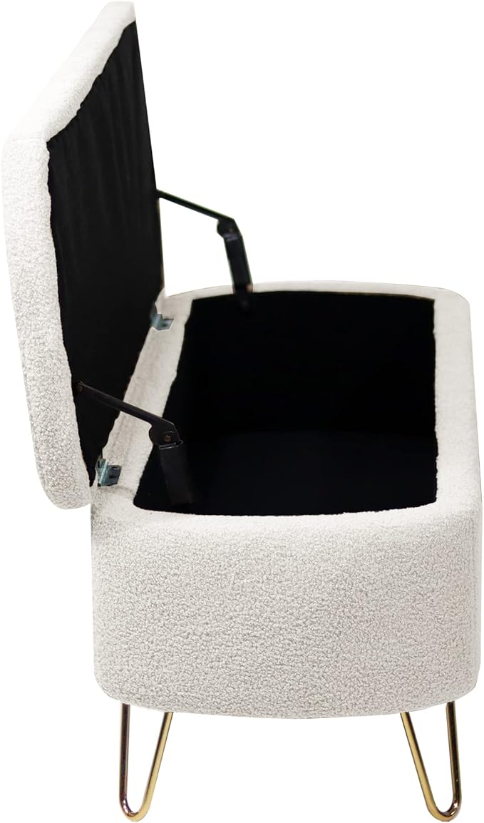 Storage Ottoman for End of Bed with Gold Legs, Modern Faux Fur Entryway Bench,for Living Room，Bedroom，End of Bed,Ivory White