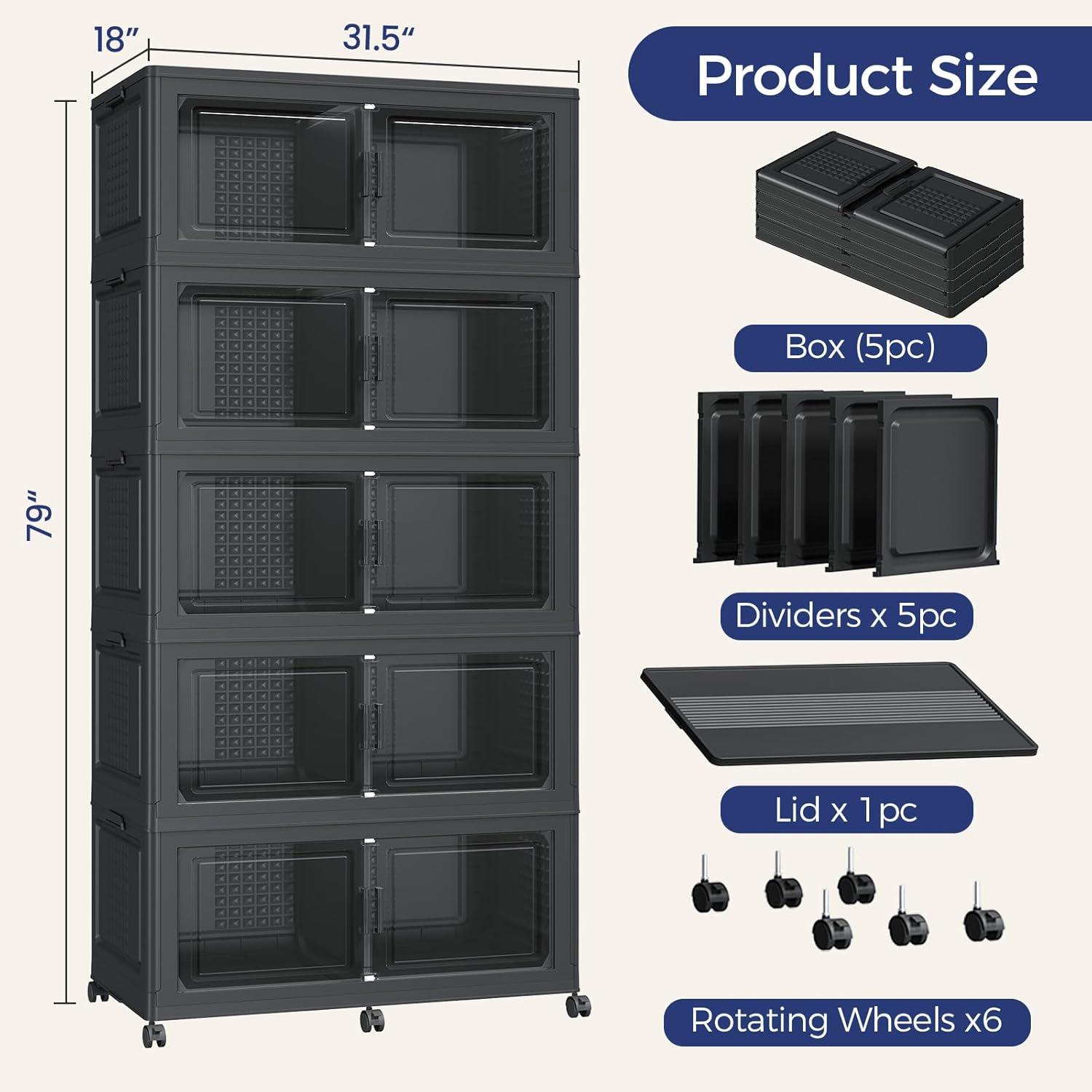 250GAL Extra Large Storage Bins with Lid, 1000Qt Stackable Closet Organizers and Drawers, Collapsible Storage Bins with Wheels, Folding Containers for Home, Kitchen Office, 5Pack Black
