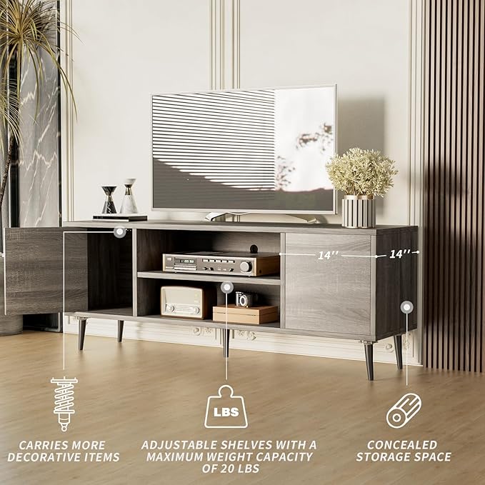 JUMMICO TV Stand for 65 Inch TV, Mid Century Modern TV Stand, Entertainment Center with Storage Cabinet and Open Shelves, TV Console Table Media Cabinet for Living Room, and Bedroom (Gray)