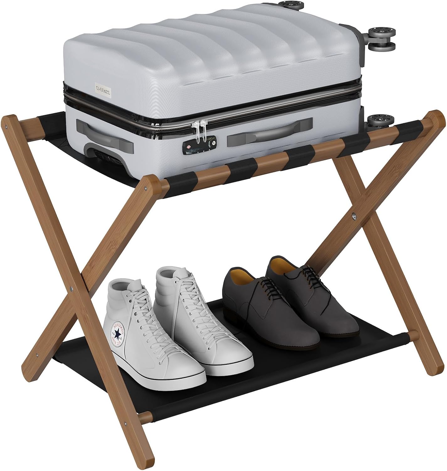 Smuxee Walnut Bamboo Luggage Rack for Guest Room, Foldable Suitcase Stand with Storage Shelf, Easily Assembled Luggage Stand with 5 Nylon Straps for Guest Room Bedroom Hotel