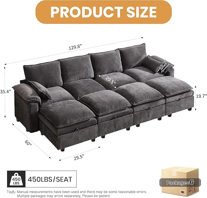 130" U Shaped Modular Sectional Sofa, Couch with Ottoman Storage, Chenille Cloud Couch with Plush Deep Seating for Living Room, Bedroom (Grey, 8 Seat)