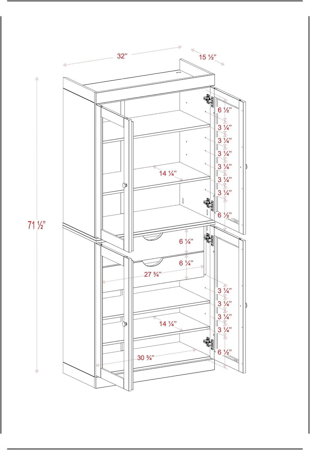 Palace Imports 100% Solid Wood 32"" Pantry Cabinet with Clear Glass...
