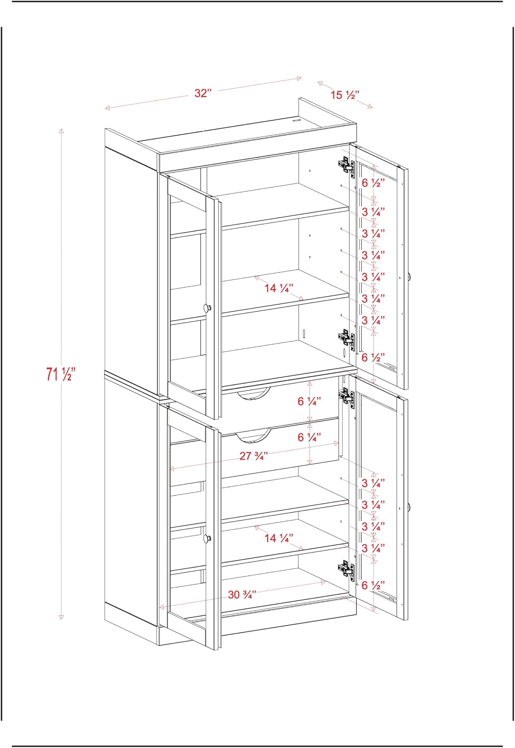 Palace Imports 100% Solid Wood 32"" Pantry Cabinet with Clear Glass Doors, 2-Drawers & Adjustable Shelves