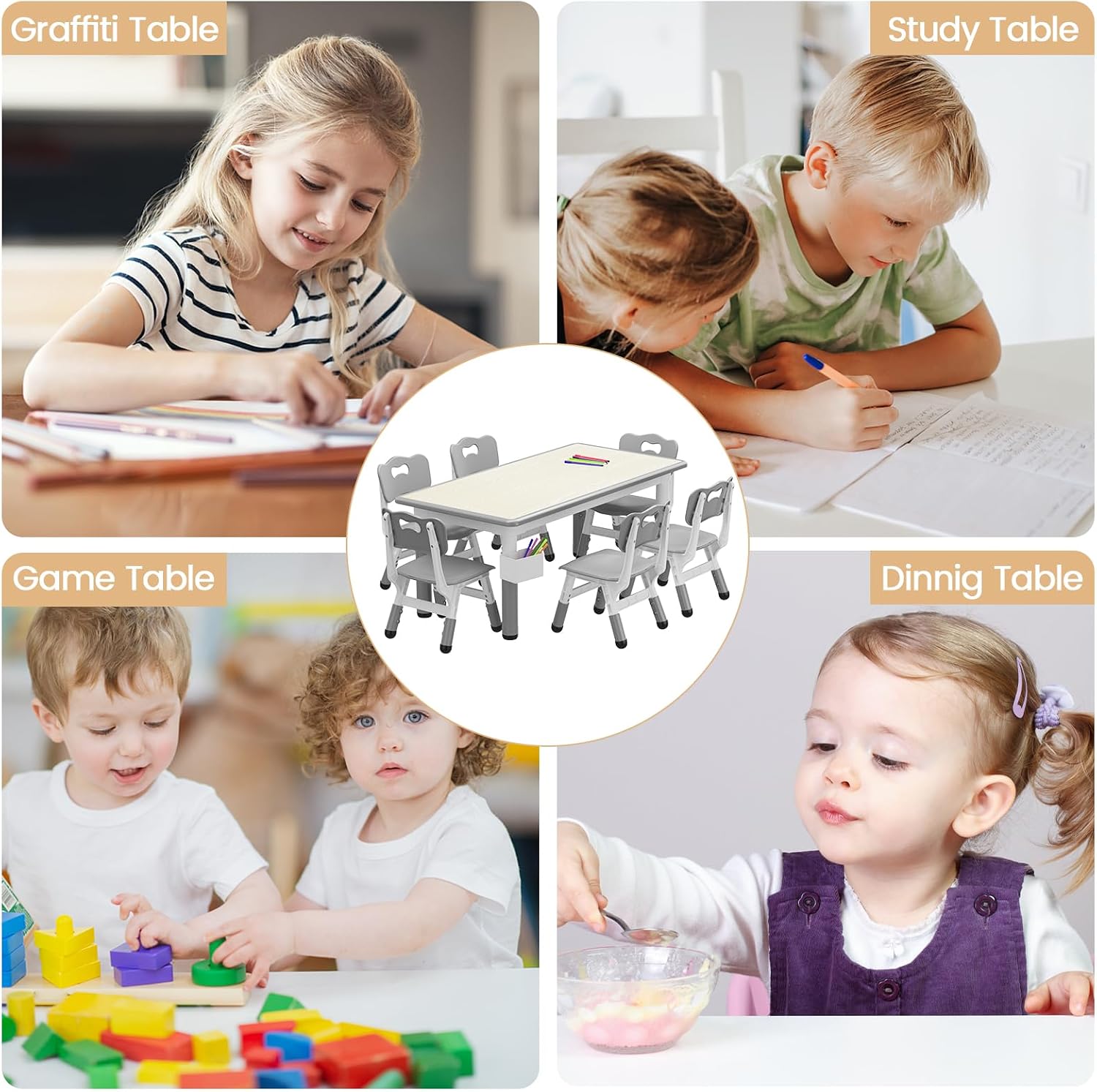IDEALHOUSE Kids Table and 6 Chairs Set, 47" l x 24" w Height Adjustable Toddler Activity Table with Storage Boxes & 12 Water Pens, Wipe-Clean Wood Grain Desktop for Home Classroom Daycare Gray