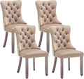 Velvet Dining Chairs Set of 4, Upholstered Dining Room Chairs with Nailhead Ring Pull Trim, Button Tufted Wing Back Chairs for Dining with Solid Wood Legs for Kitchen Dining Room(Khaki)