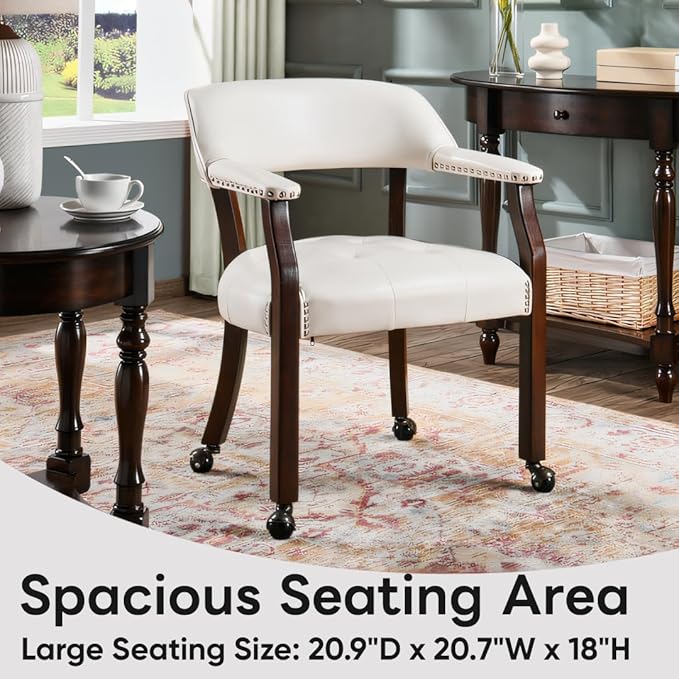 LEEMTORIG Large Dining Chairs with Casters and Arms, Rolling Dining Chairs with Wheels, Accent Game Poker Chairs, Wood Boss Caption's Chairs, 26“Dx25.2 Wx31.5“H, Cherry Legs & Ivory PU, SY-1533-WT