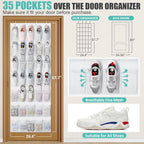 Tiblue Over The Door Shoe Organizer 35 Mesh Pockets Hanging Shoe Organizer Shoe Rack For Door Closet Entryway Bedroom Pantry Organizer - Shoe Holder Hanger For Sneakers, Women High Heeled Shoes White