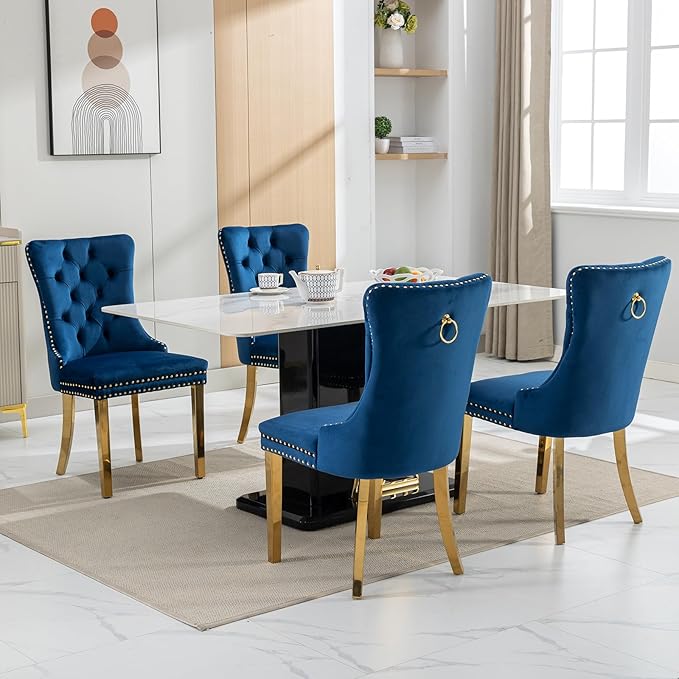 Luxury Upholstered Dining Chairs Set of 6, Blue Kitchen Chair with Golden Metal Legs, Velvet Tufted Back Dining Chair, Sillas de Comedor, Modern Kitchen & Dining Room Chairs (Blue, 6 Pcs)