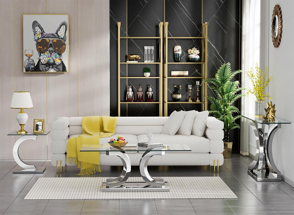 Modern Glass End Table Small Silver Side Table with Gorgeous Stainless Steel ...