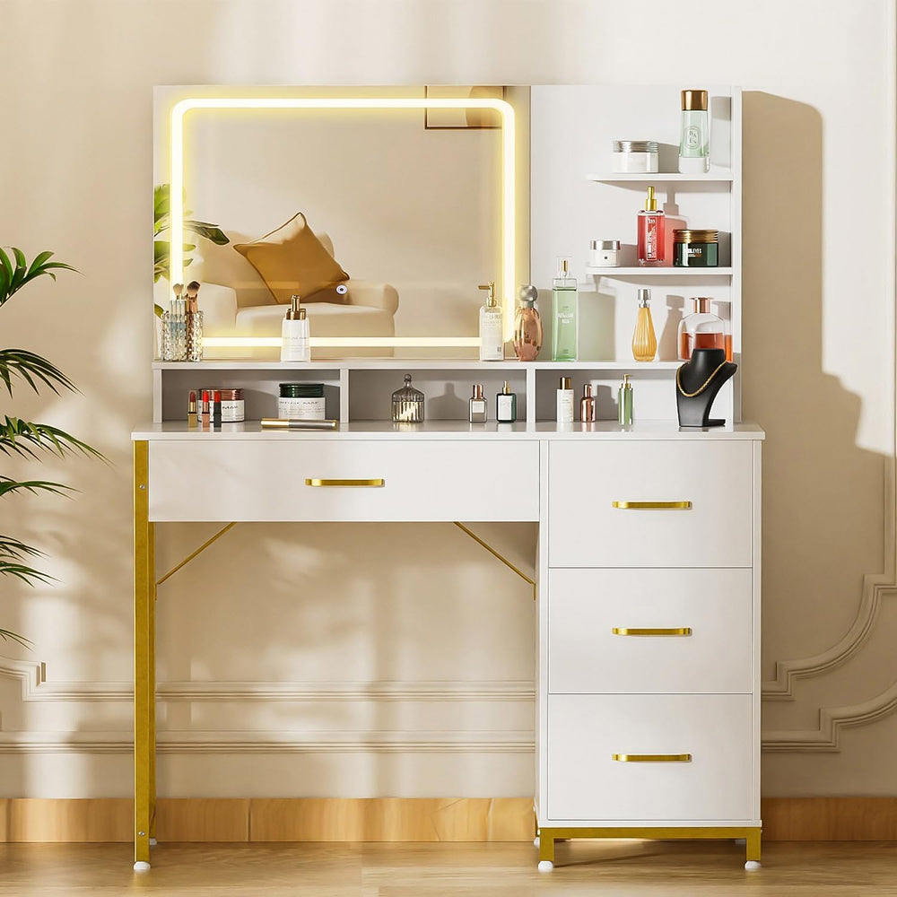 COMHOMA Vanity Desk with Mirror and Lights, Makeup Vanity Table with 4 Drawer...