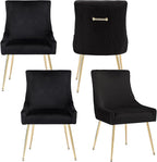 Velvet Dining Chairs Set of 4, Modern Upholstered Kitchen Chair with Pull Handle & Pleated Back, Mid Century Accent Chair with Gold Metal Legs for Vanity,Dining,Kitchen,Living Room, Black