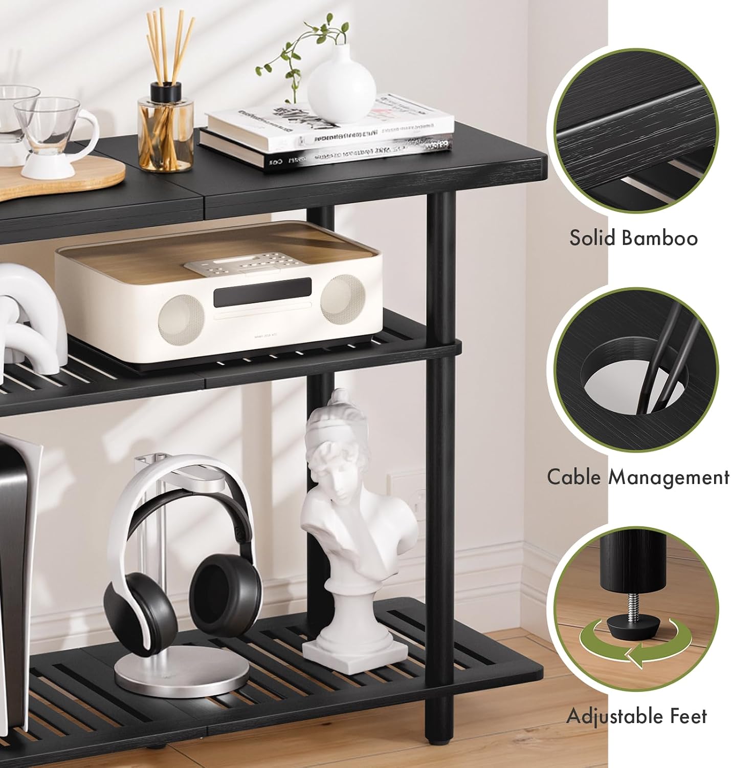 Bamboo TV Stand, Small TV Stands for up to 32 Inch, 3-Tier Entertainment Center TV Shelf with Storage, Sturdy Corner TV Stand for Bedroom, Black, 31.5 x 24.2 x 11.8 inches