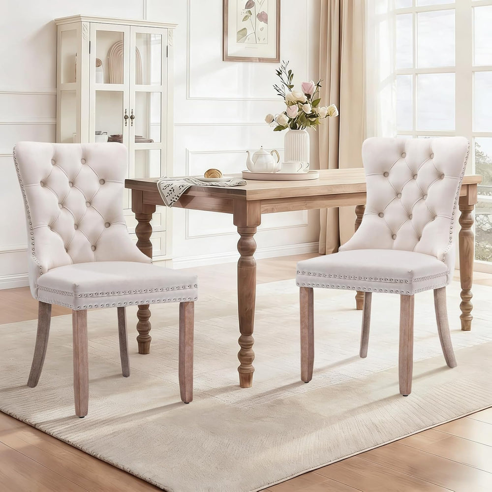 Velvet Dining Chairs Set of 2 Tufted Kitchen Chair Wood Legs,Beige | Mid Cent...