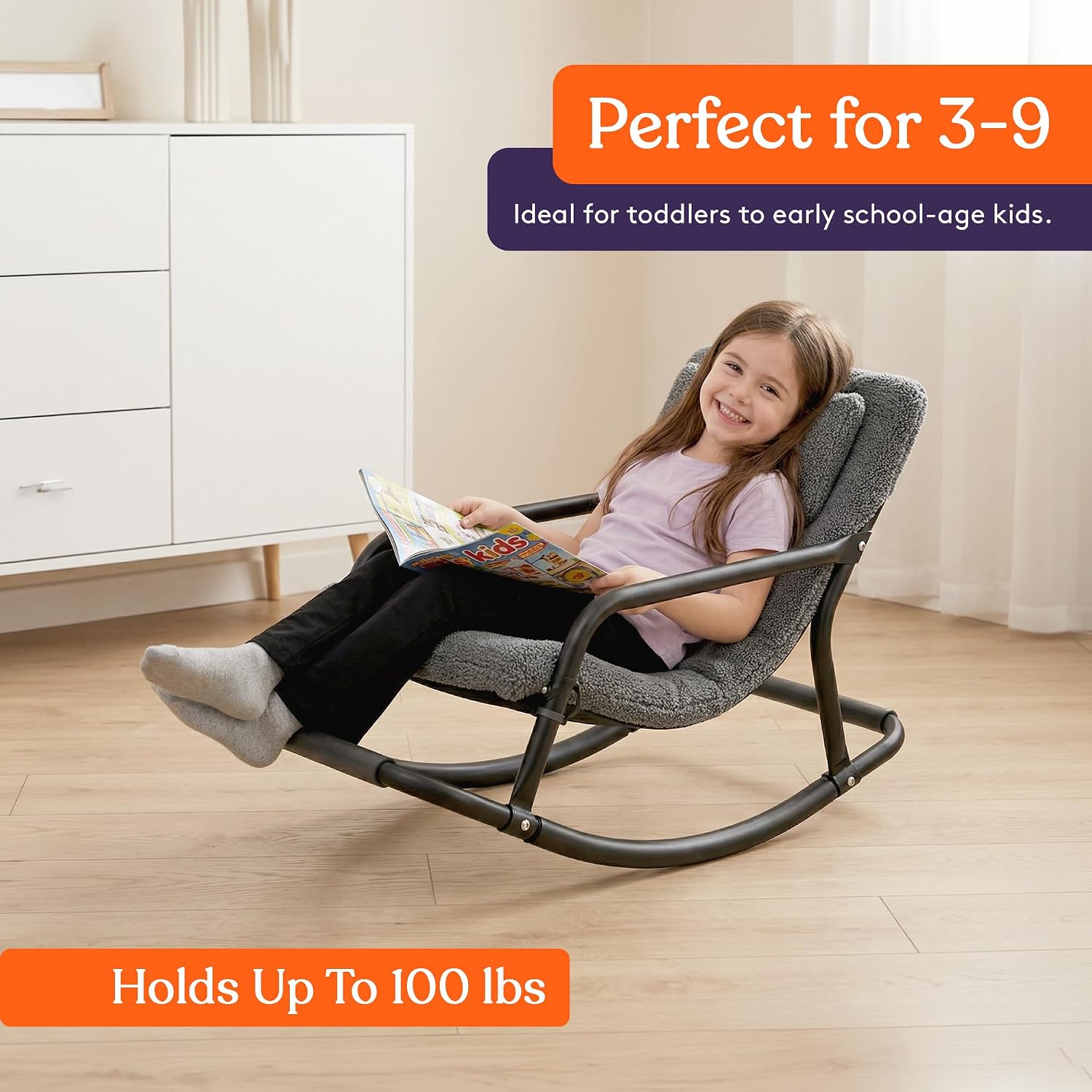 Special Supplies Sensory Boucle Rocking Chair for Kids - Comfortable Kids Rocker- Versatile Floor Chair with Soft Fabric and Stability for Playroom, Bedroom, or Nursery (Ages 3+) - Charcoal