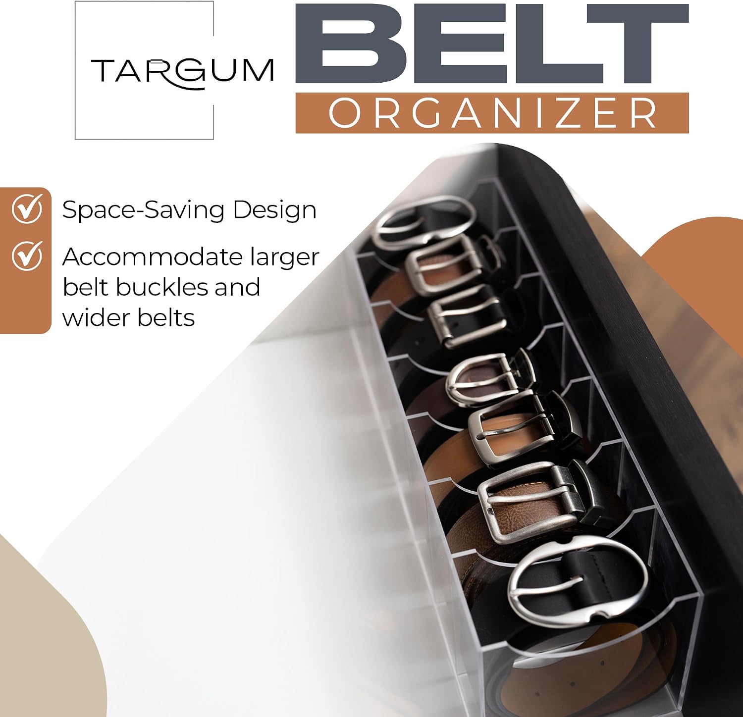 Targum Extra-Wide Belt Organizer for Large Buckles – 7-Compartment Clear Acrylic Belt Holder for Closet, Drawer & Dresser Storage