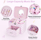 Basumee Musical Jewelry Box for Girls PU Leather Music Box with Drawer Large Kids Jewelry Organizer with Unicorn/Ballerina Jewelry Storage for Little Girls Ages 3–10, Birthday & Holiday Present