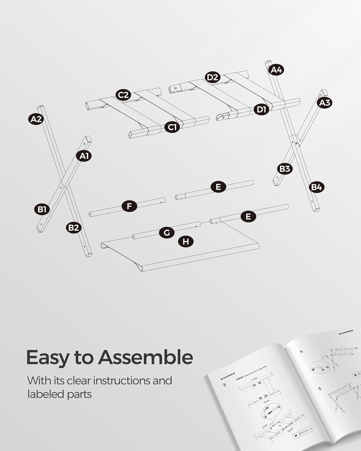 SONGMICS Luggage Rack for Guest Room, Suitcase Stand with Storage Shelf, Steel Frame, Foldable for Easy Storage, Hotel, Bedroom, Black URLR003B01