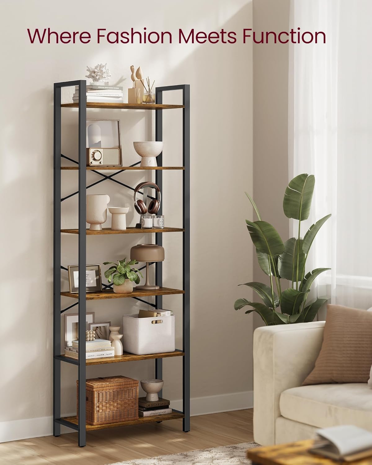 VASAGLE 6-Tier Bookshelf, Bookcase with Steel Frame, Book Shelf for Living Room, Home Office, Study, 11.8 x 26 x 73.2 Inches, Industrial Style, Rustic Brown and Ink Black ULLS062B01