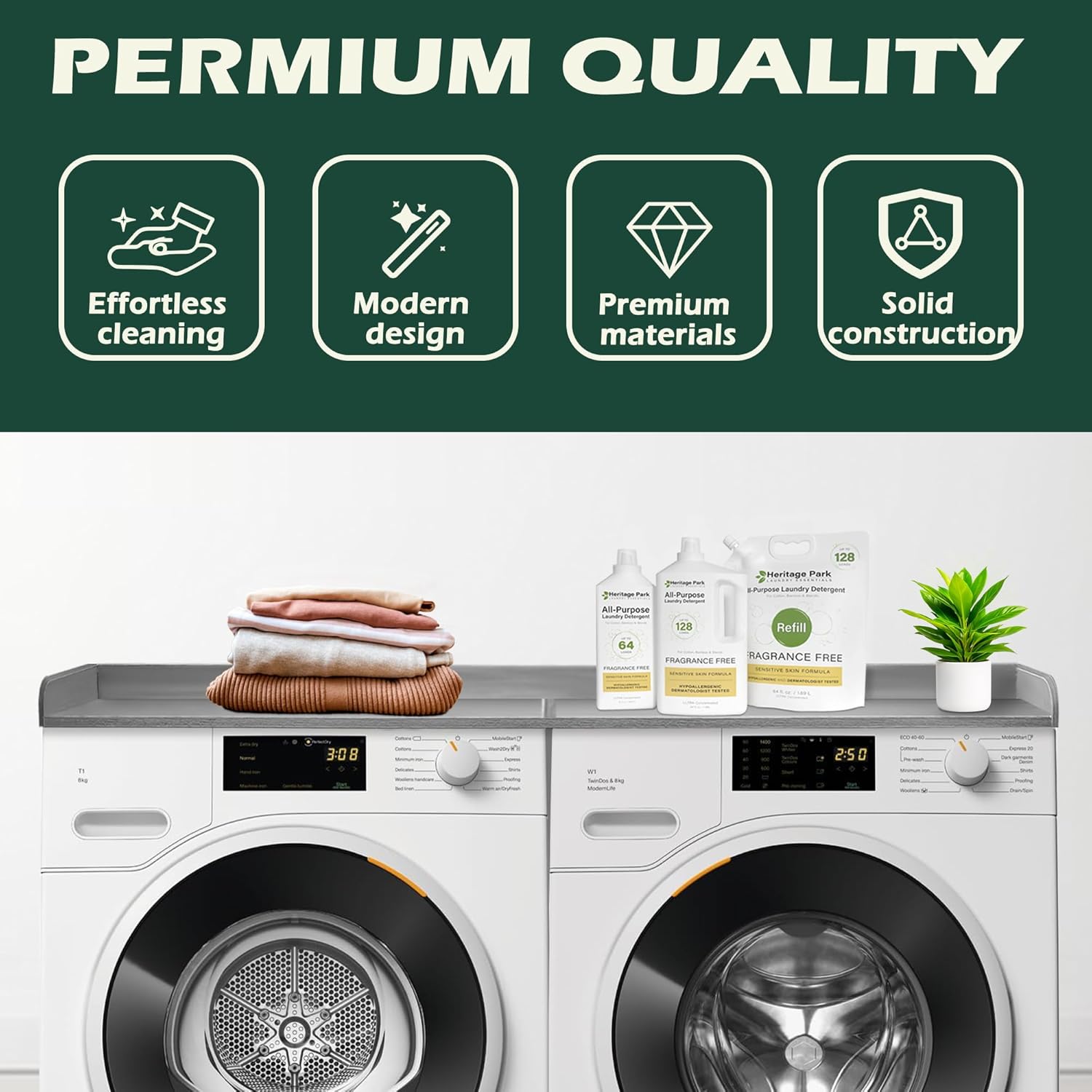 Royxen Washer Dryer Countertop, 27.4" x 54", Wood, Universal Fit, Laundry Room Organization, Grey